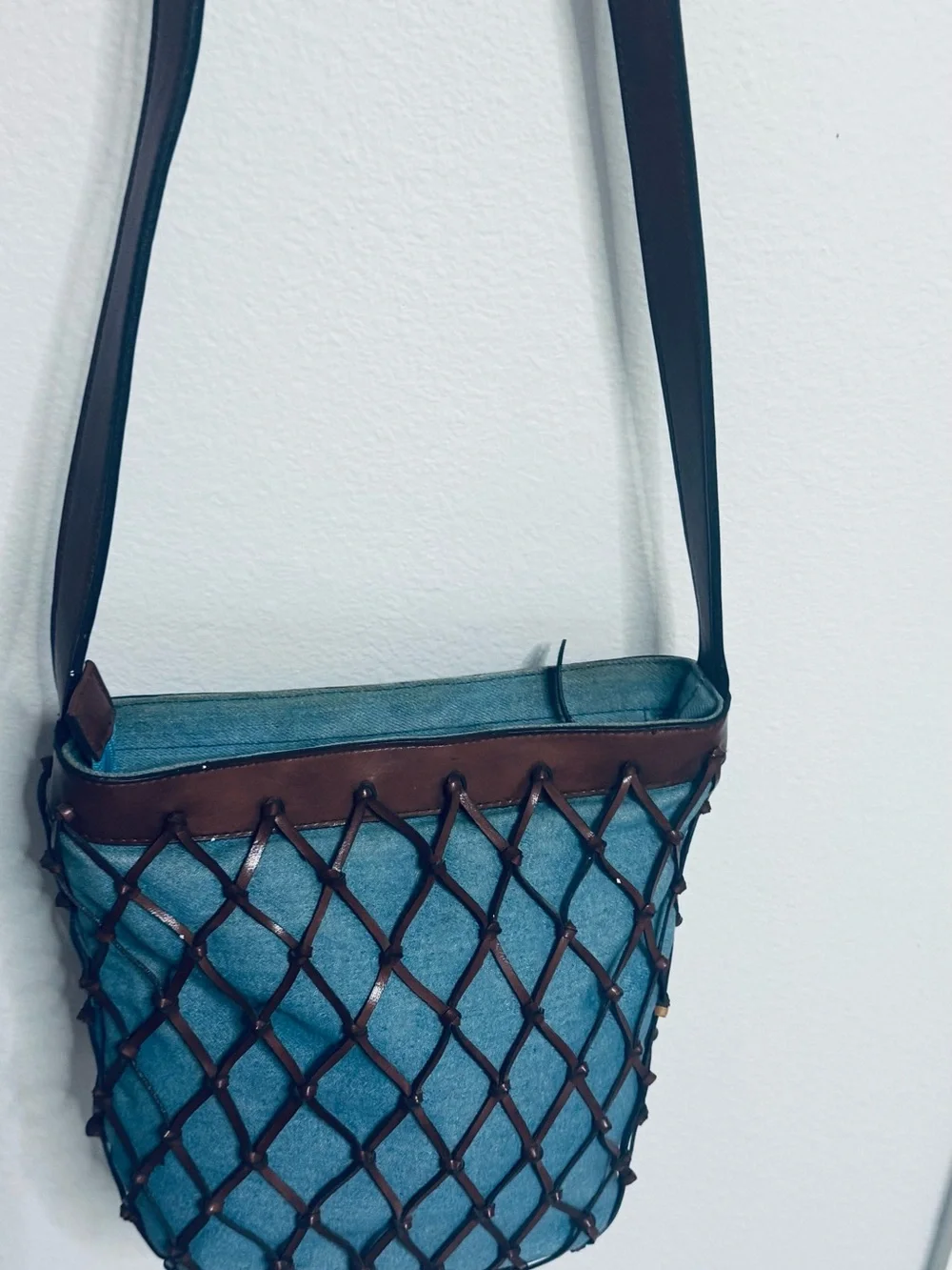 Blue Canvas Crossbody Bag with Brown Lattice Trim